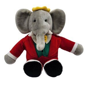 Gund King Babar Elephant Plush Gray 16" Red Green Suit Crown Stuffed 1988 VTG